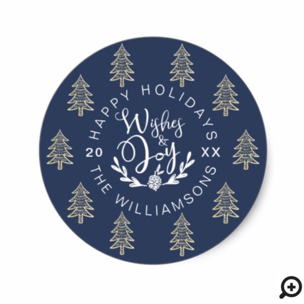 Elegant Gold & Blue Pine Tree | Holiday Classic Round Sticker