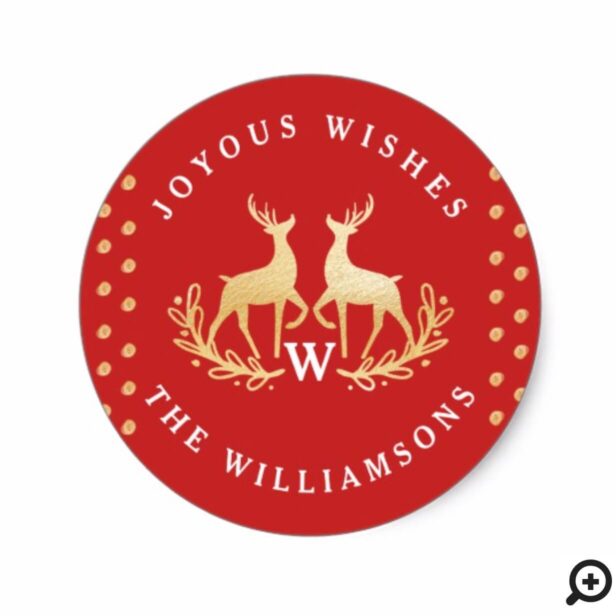 Joyous Wishes | Red & Gold Reindeer Family Crest Classic Round Sticker