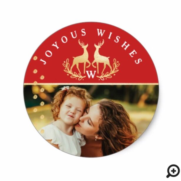 Joyous Wishes | Red & Gold Reindeer Crest Photo Classic Round Sticker