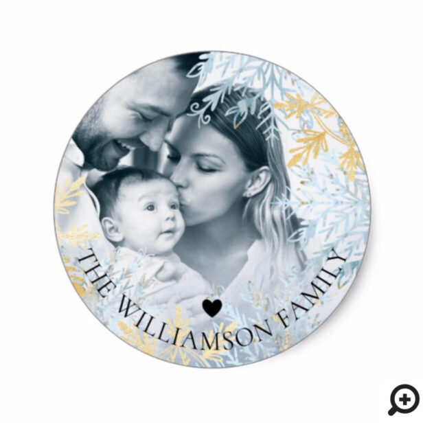 Elegant Ornate Blue & Gold Frosted Snowflake Photo Classic Round Sticker