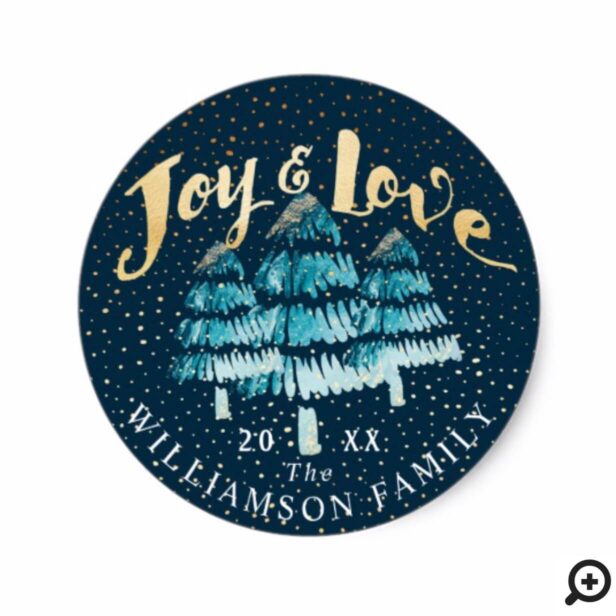 Joy Love Blue Ombre Winter Pine Tree Family Photo Classic Round Sticker