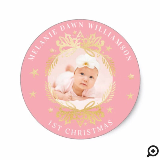 Ornate Pink & Gold Crest Baby's First Christmas Classic Round Sticker