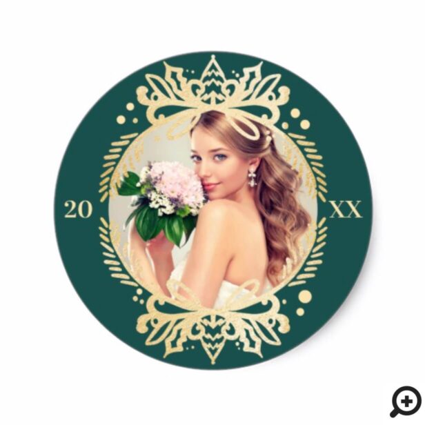 Ornate Green Gold Mr & Mrs First Christmas Photo Classic Round Sticker