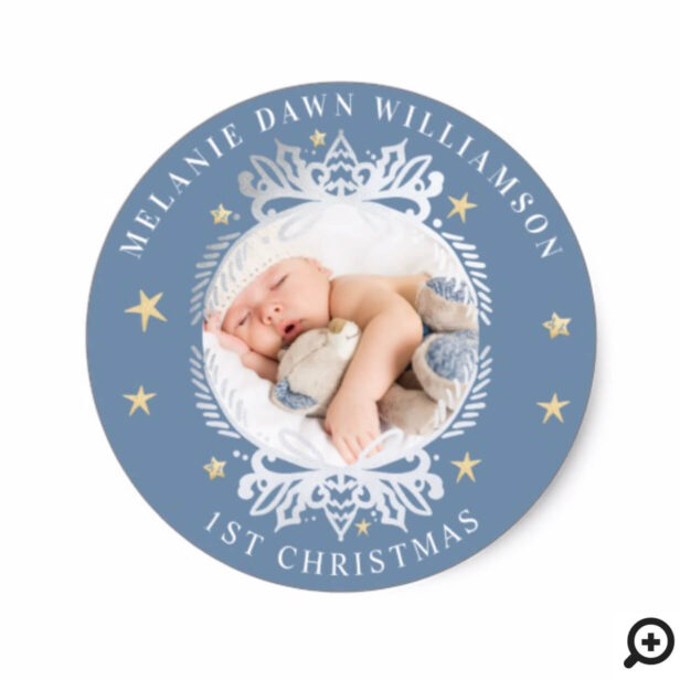 Ornate Blue & Silver Crest Baby's First Christmas Classic Round Sticker