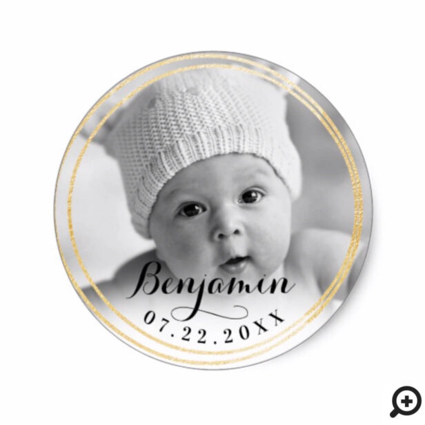 Elegant Gold Frame | Baby's First Christmas Photo Classic Round Sticker