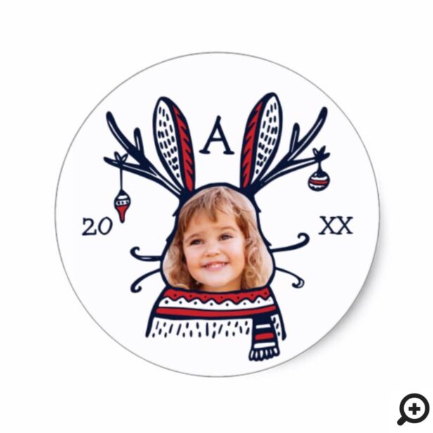 Fun Festive Red Plaid Winter Bunny Character Photo Classic Round Sticker