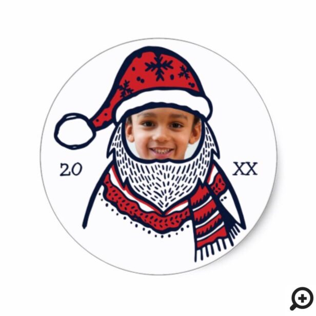 Fun, Festive Red Plaid Santa Claus Character Photo Classic Round Sticker