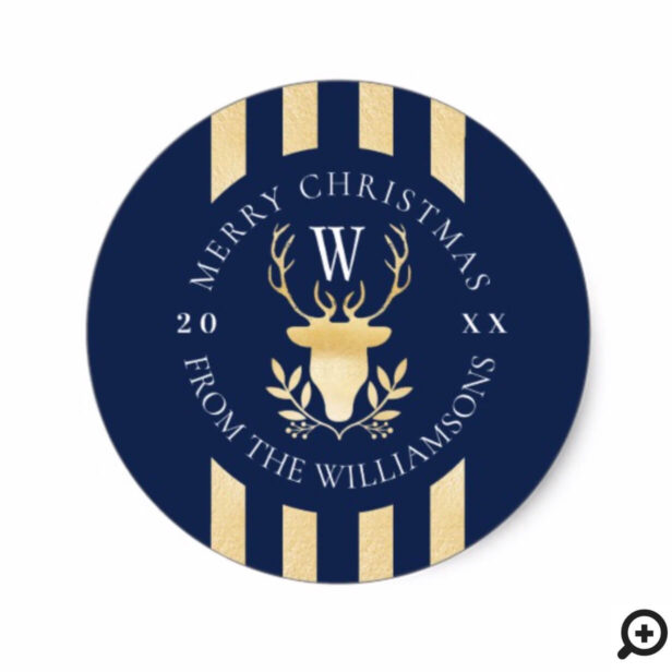 Navy Blue Gold Reindeer Monogram Holiday Crest Classic Round Sticker
