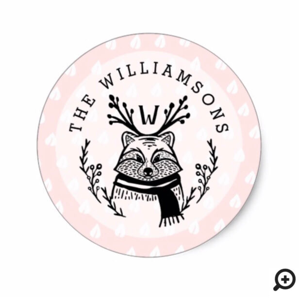 Festive Holiday Racoon Etching Family Monogram Classic Round Sticker