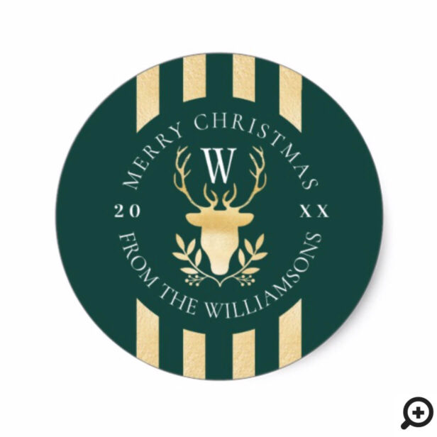 Forest Green Gold Reindeer Monogram Holiday Crest Classic Round Sticker
