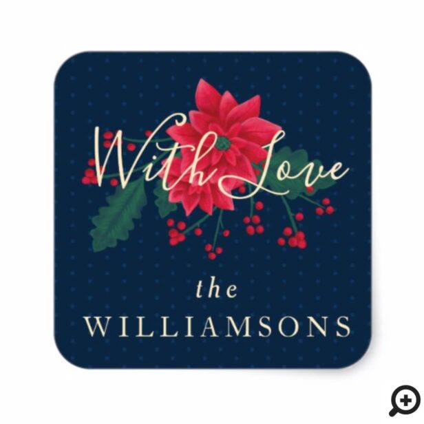 Festive Navy Red Floral Poinsettia Floral Holiday Square Sticker