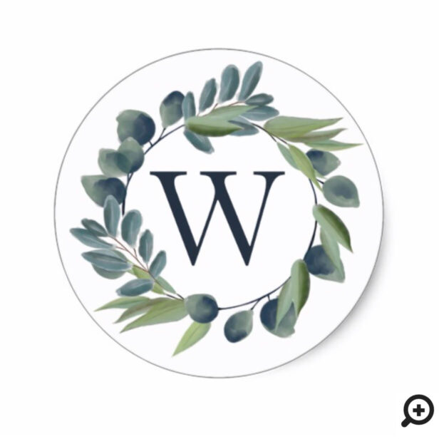 Elegant Watercolor Winter Foliage Wreath Monogram Classic Round Sticker