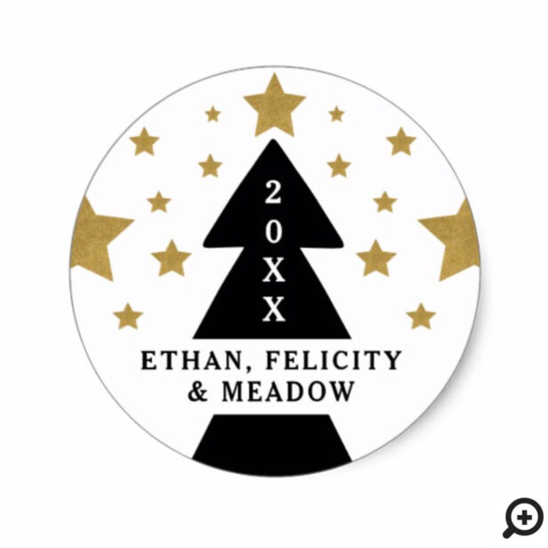 Modern Trendy Black & Gold Christmas Tree & Stars Classic Round Sticker