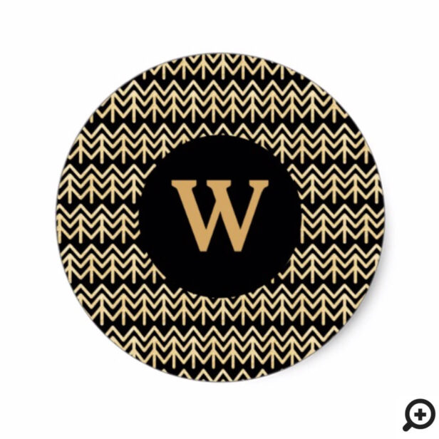 Elegant Chevron Gold Black Tree pattern & Monogram Classic Round Sticker