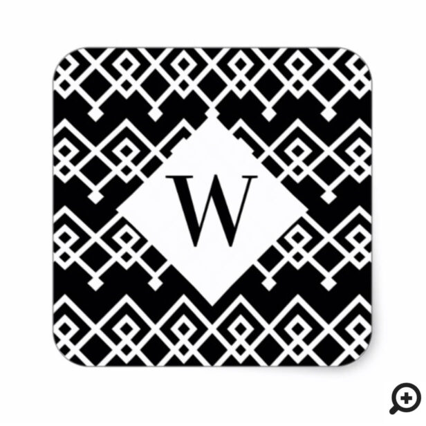 Black & White Trendy Geometric Pattern Monogram Square Sticker