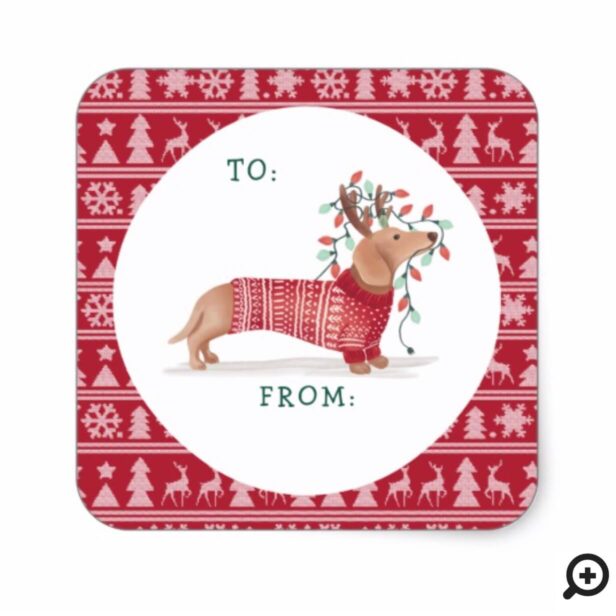 Dachshund Christmas Dog Cozy Red Knitted Sweater Square Sticker