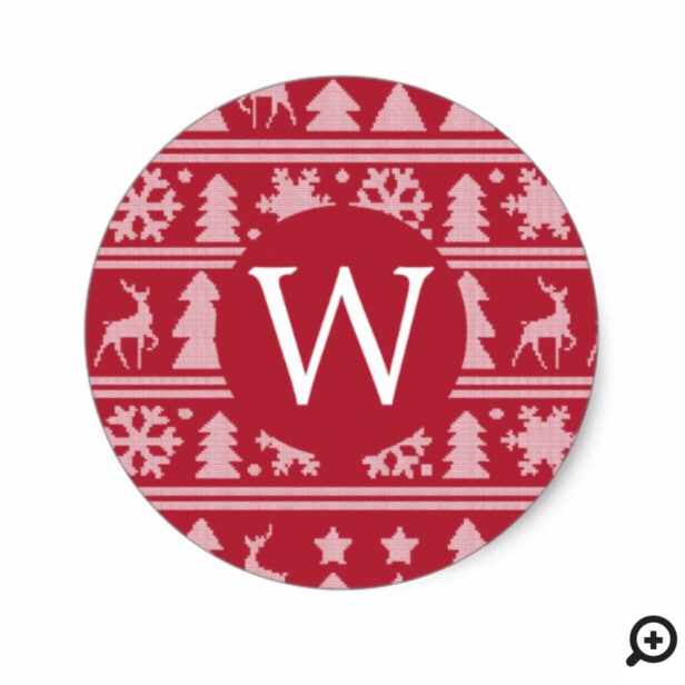Cozy Knit Red Sweater Pattern Monogram Christmas Classic Round Sticker