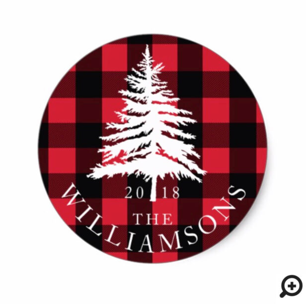 Red Buffalo Plaid White Forest Pine Tree Family Classic Round Sticker