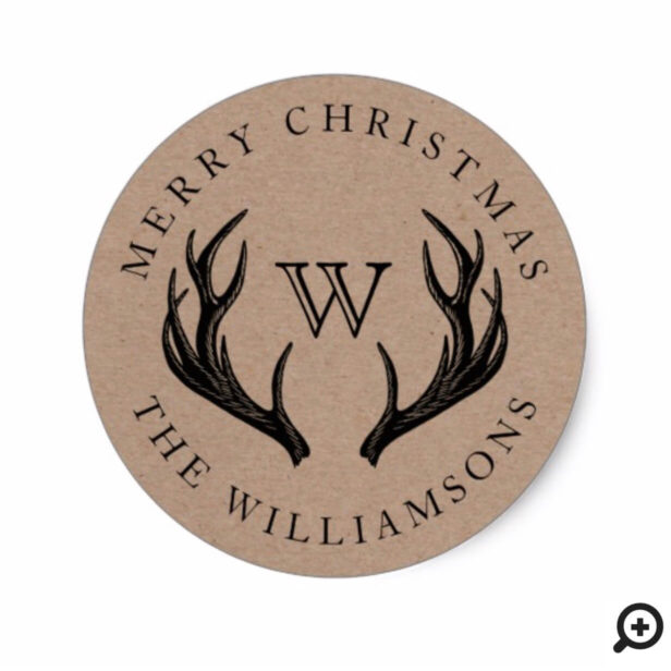 Vintage Reindeer Antlers Family Monogram Christmas Classic Round Sticker