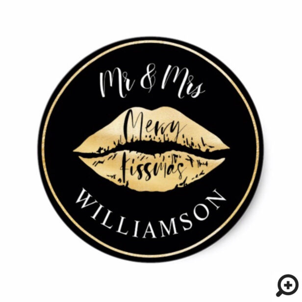 Merry Kissmas | Black & Gold Mr & Mrs Christmas Classic Round Sticker