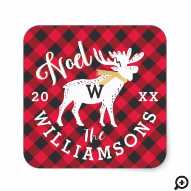 Red Buffalo Plaid Moose Family Monogram Christmas Square Sticker