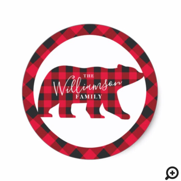 Red Buffalo Plaid Bear Lumberjack Family Christmas Classic Round Sticker