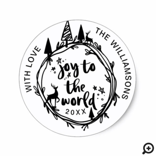 Joy To The World | Black & White Holiday Scene Classic Round Sticker