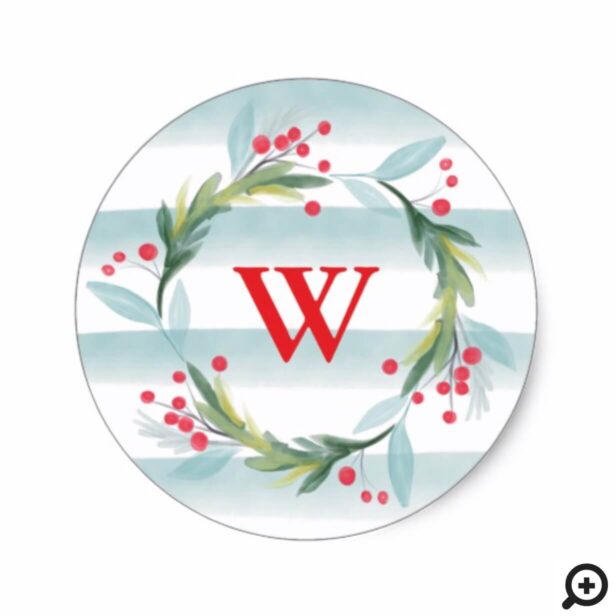 Holly Watercolor Foliage Wreath & Stripes Monogram Classic Round Sticker