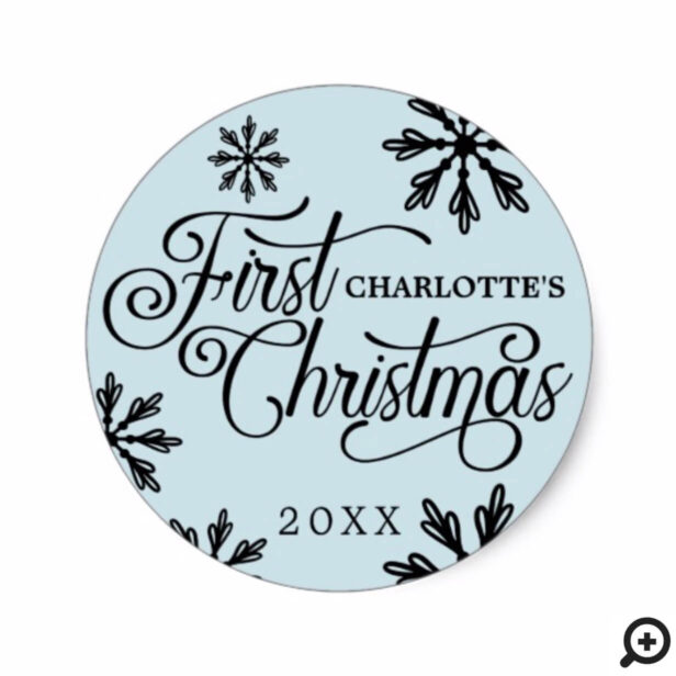 Black & Blue Snowflake Baby's First Christmas Classic Round Sticker