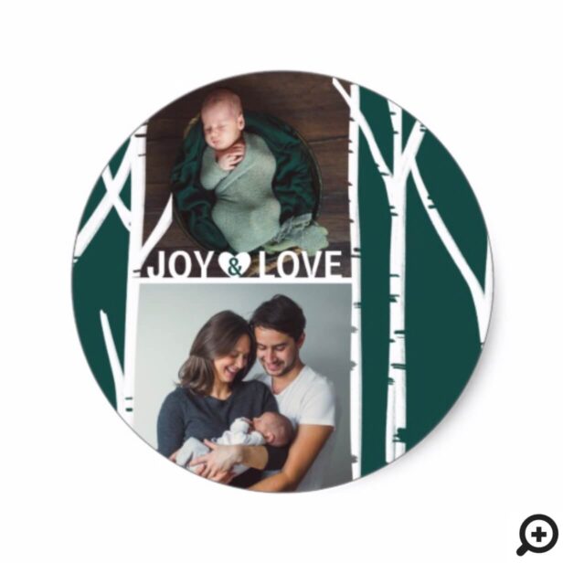 Emerald Green Birch Tree Love & Joy Multiple Photo Classic Round Sticker