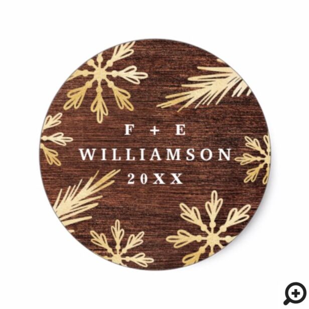 Rustic Wood & Gold Snowflakes | Mr & Mrs Christmas Classic Round Sticker