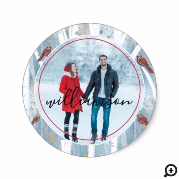 Winter Forest Birch Trees & Red Cardinal Photo Classic Round Sticker