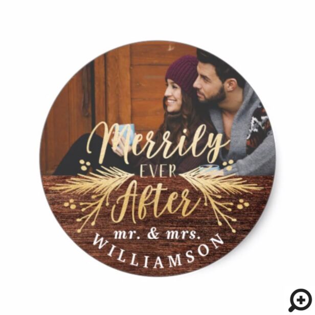 Merrily Ever After Rustic Mr & Mrs First Christmas Classic Round Sticker