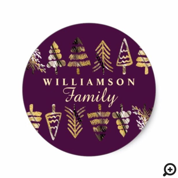 Gold & Purple Pine Tree Forest Family Christmas Classic Round Sticker