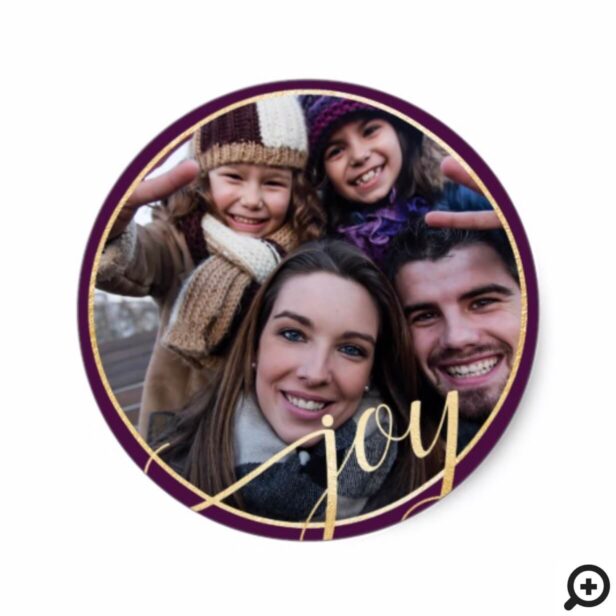 Joy | Purple & Gold Frame Christmas Family Photo Classic Round Sticker