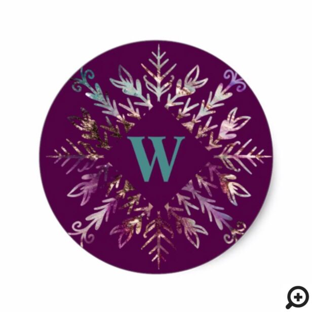 Magical Snowflake Wintery Purple Plum Monogram Classic Round Sticker
