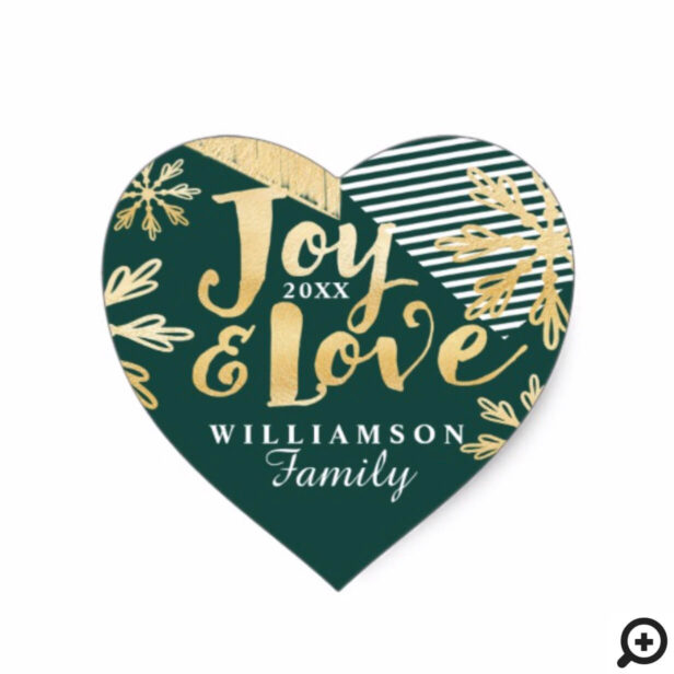 Joy & Love | Green Gold Modern Pine & Snowflakes Heart Sticker