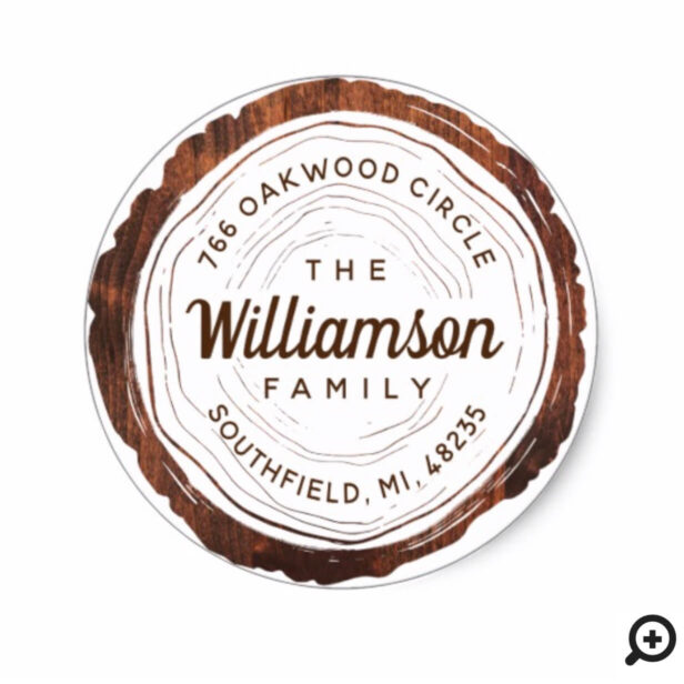 Vintage Rustic Woodgrain Tree Slice Family Address Classic Round Sticker
