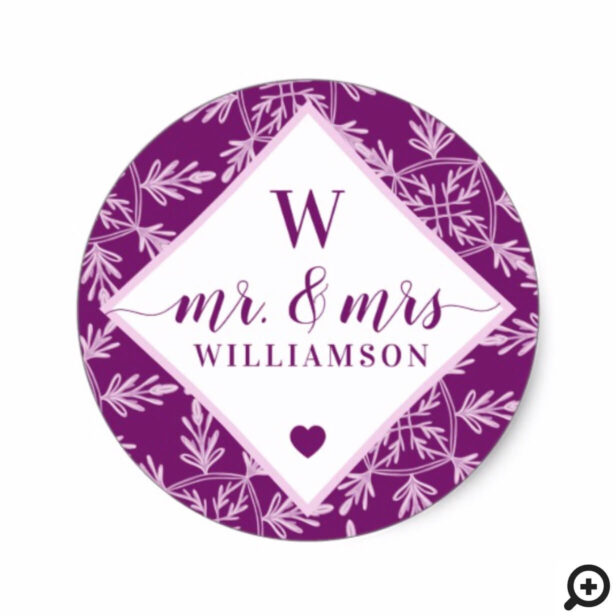 Ornate Purple Snowflake Mr & Mrs Monogram Wedding Classic Round Sticker
