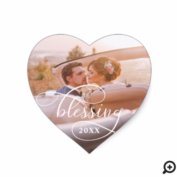 Elegant Script Blessing | MR & MRS Christmas Photo Heart Sticker