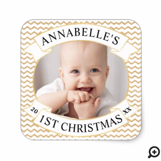 Modern Gold Chevron | Baby's First Christmas Photo Square Sticker