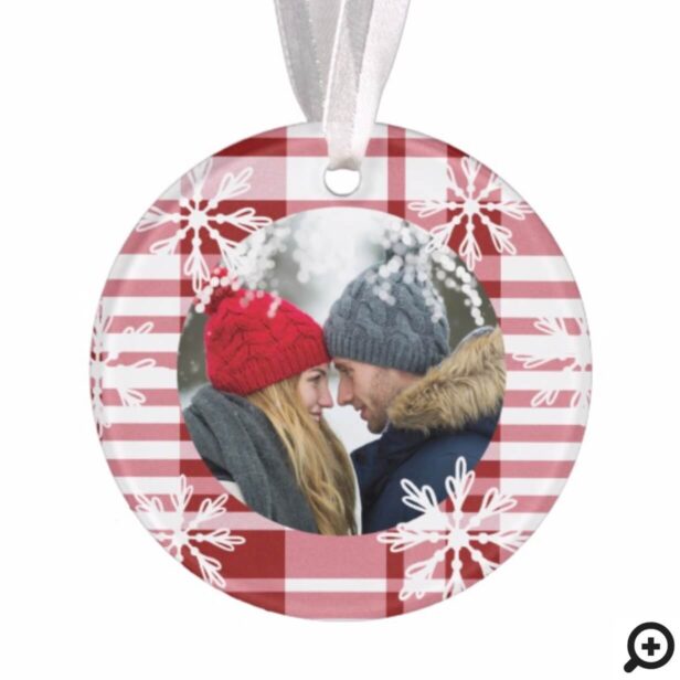 Red & White Plaid Snowflake Print Mr & Mrs Photo Ornament