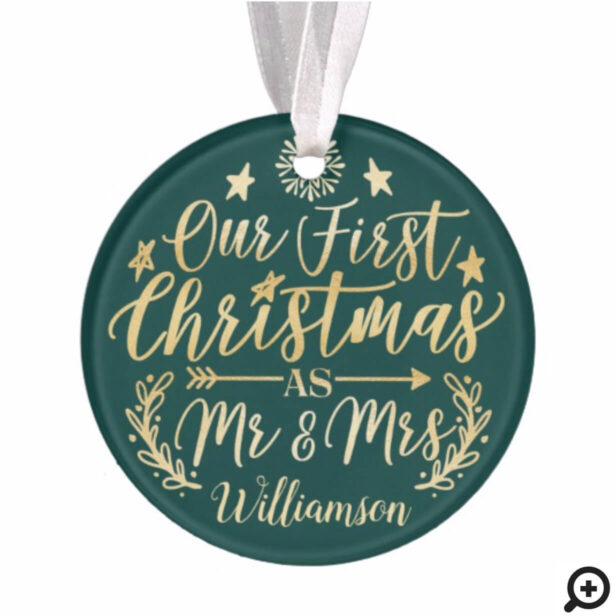 First Christmas Green Mr & Mrs Script Newlyweds Ornament