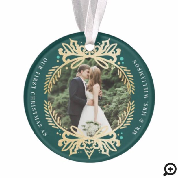 Ornate Green & Gold Mr & Mrs First Christmas Photo Ornament