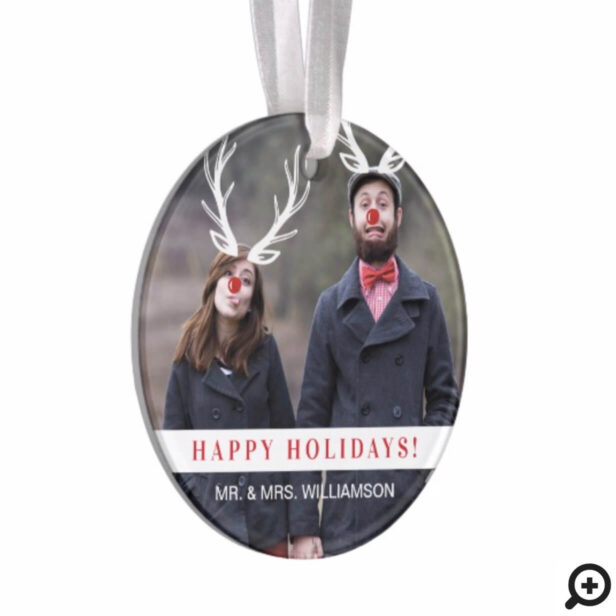 Plaid Red Nose Reindeer Vintage Holiday Photo Ornament