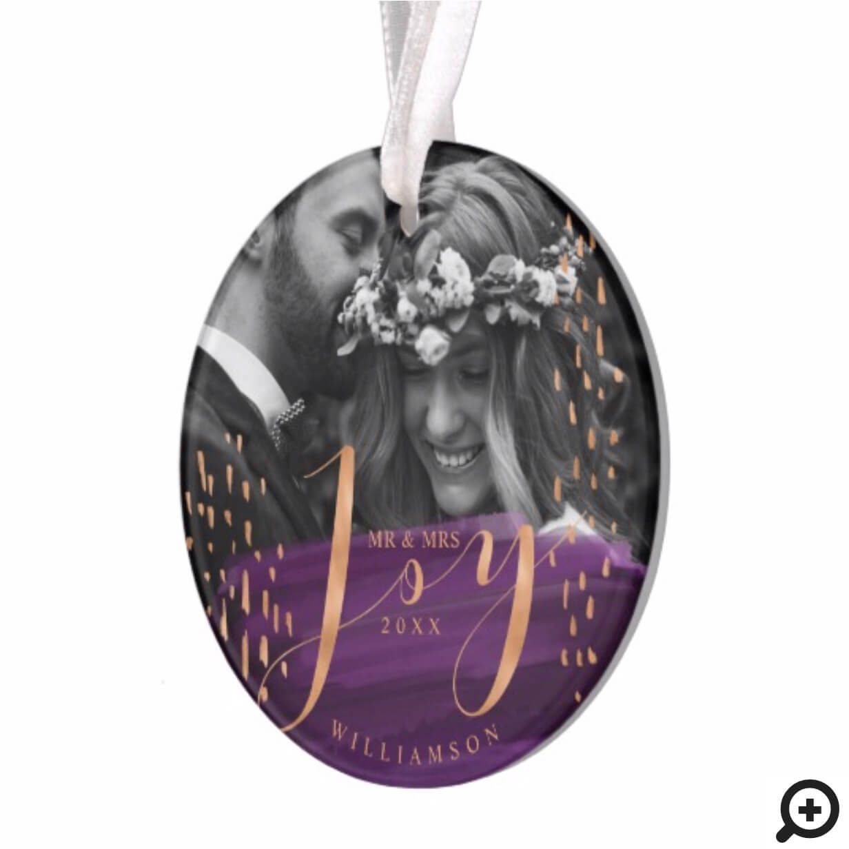 Joy | Deep Purple Watercolor Wash Newlyweds Photo Ornament ...