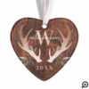 Rustic Wood Deer Antler & Greenery Monogram Photo Ornament