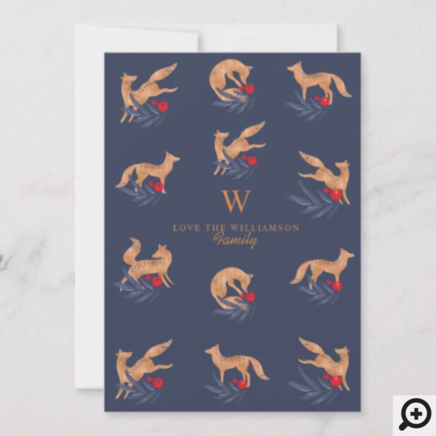 Winter Forest Foxes & Festive Foliage Monogram Holiday Card