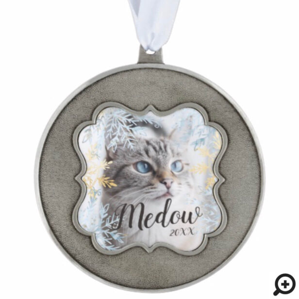 Elegant Blue & Gold Snowflake Customize Pet Photo Ornament