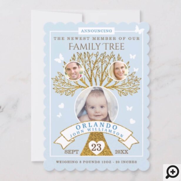 Baby Birth Announcement | Blue & Gold Family Tree
